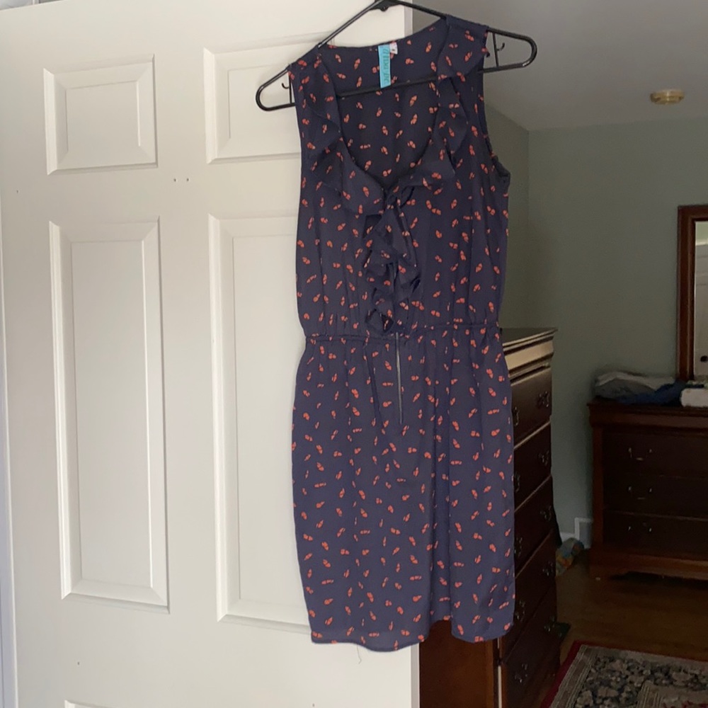 Navy with orange accent dress. Front exposed zipper